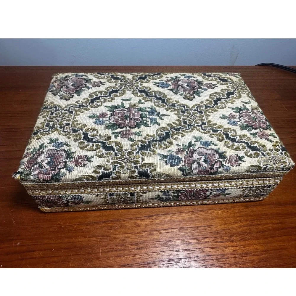 Vintage Floral Tapestry Jewelry Box Red Velvet Lining Mirror Gold Trim Organizer